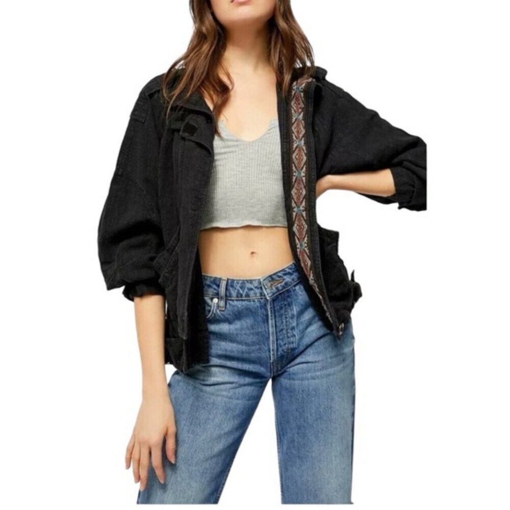 Free People Jayde Safari‎ Bomber Jacket Size S Black Linen Boho Relaxed Fit